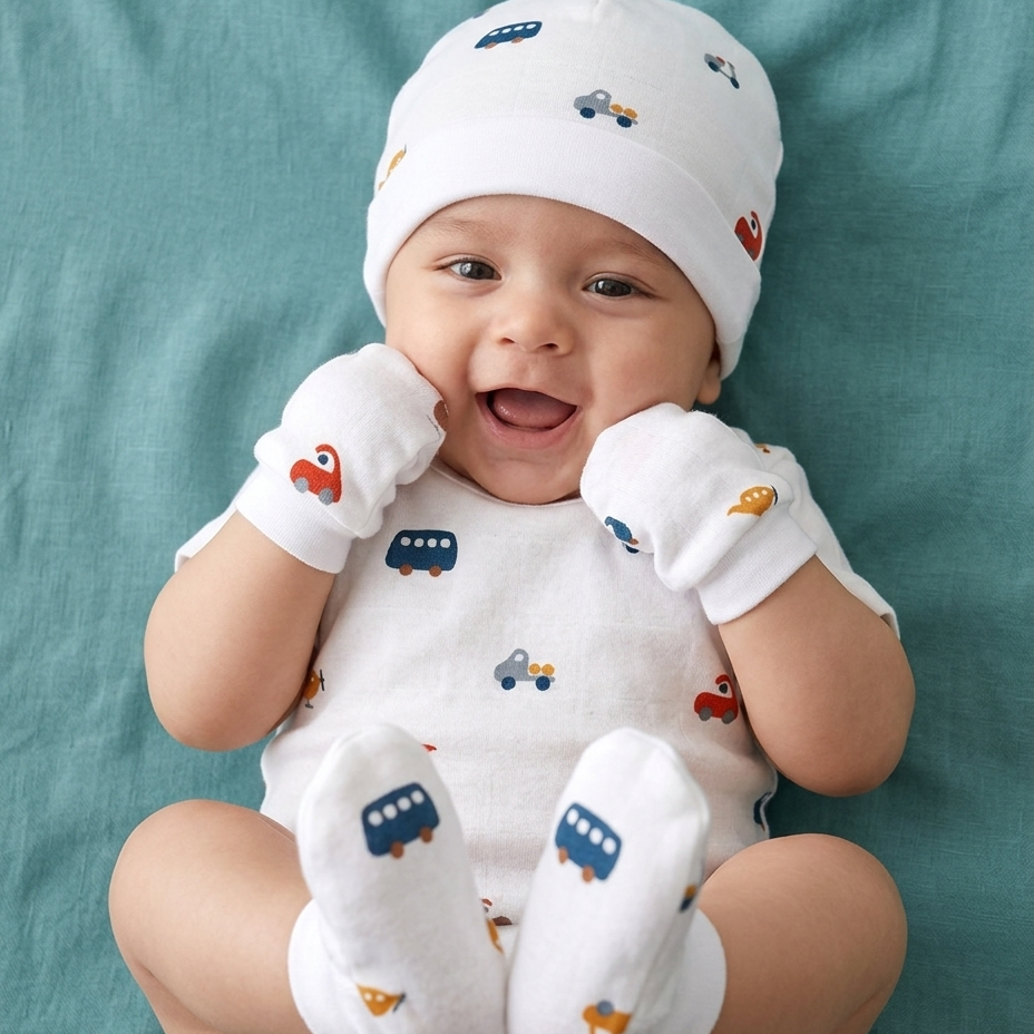  Organic Newborn Cap Mittens Booties Set | Vehicle Print | Soft Baby Essentials India