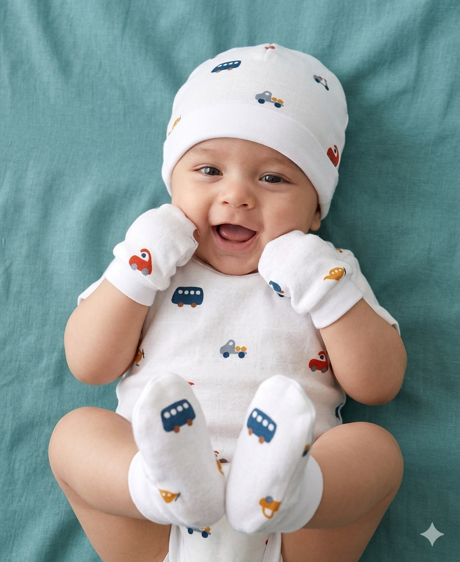  Organic Newborn Cap Mittens Booties Set | Vehicle Print | Soft Baby Essentials India