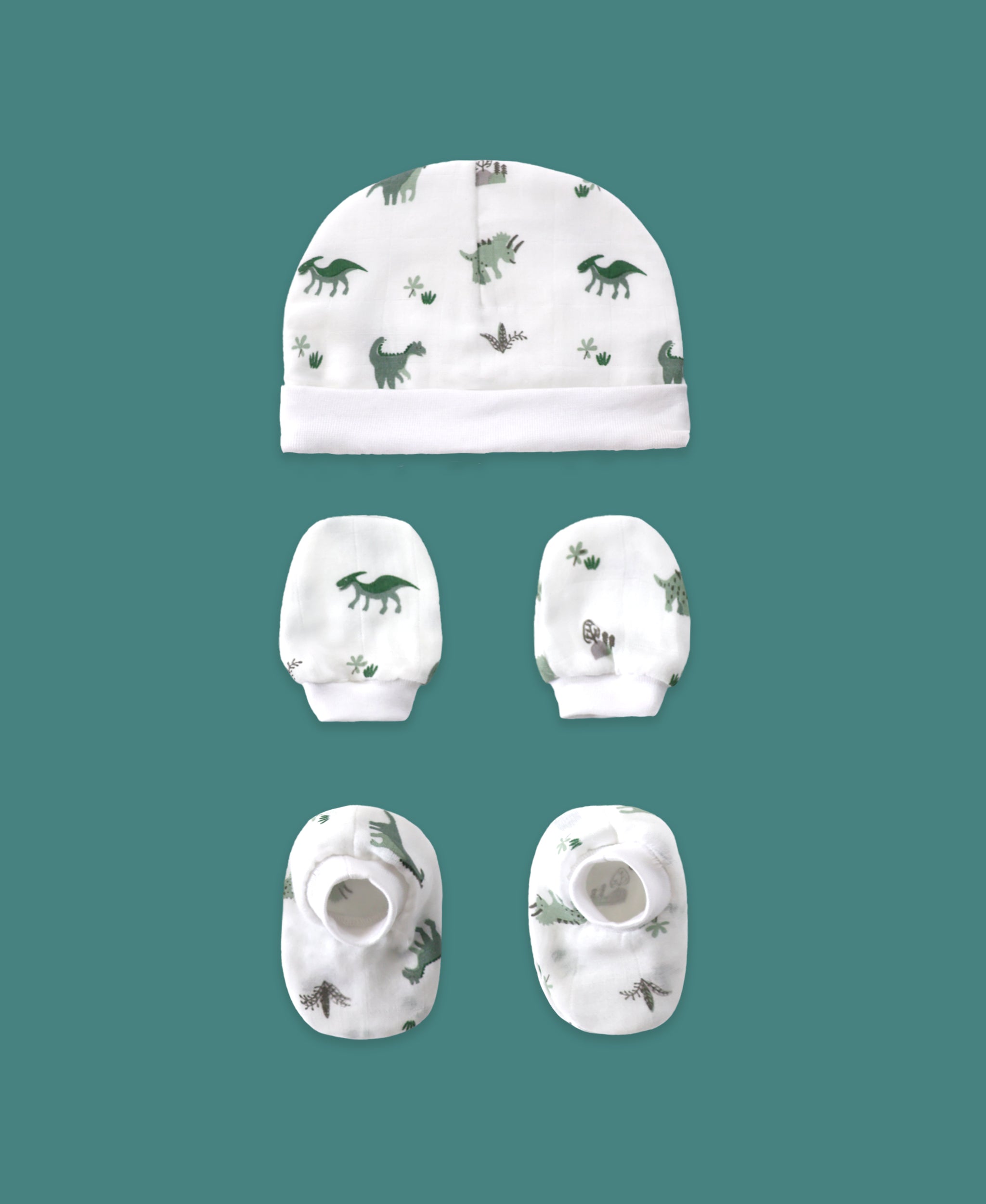 Happy Dinos organic muslin newborn cap mittens booties set by Maa Toddlers India