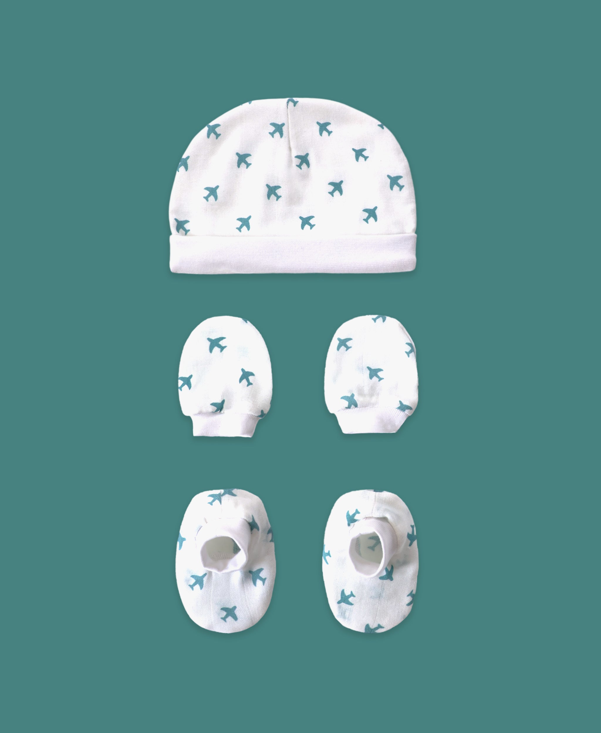 Organic muslin cap mittens and booties newborn set Tiny Plane print by Maa Toddlers India