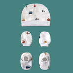 Tiny Rides print organic muslin newborn cap mittens booties set by Maa Toddlers India