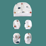 Tiny Rides print organic muslin newborn cap mittens booties set by Maa Toddlers India