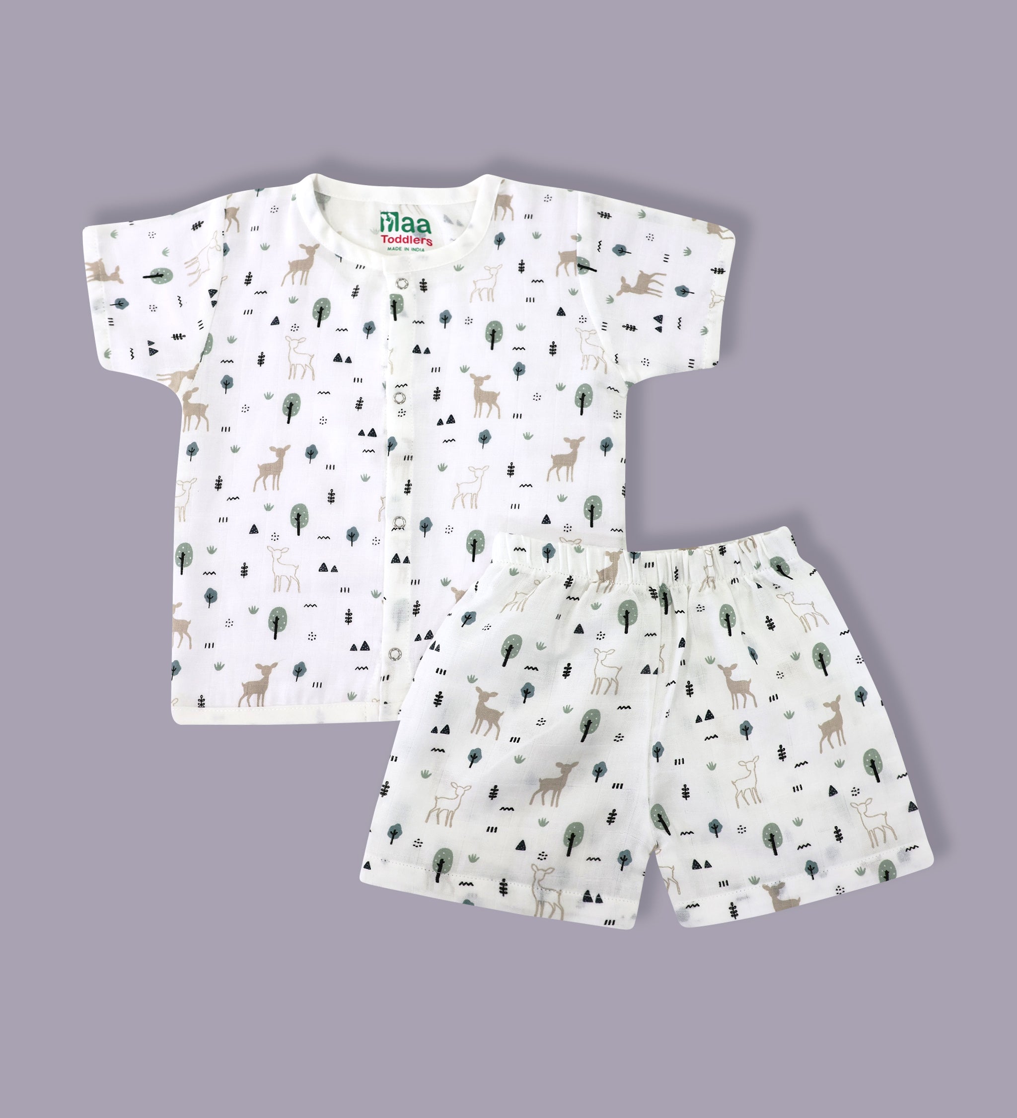 organic muslin Shirt with shorts set for baby Deer & Trees print maa toddlers