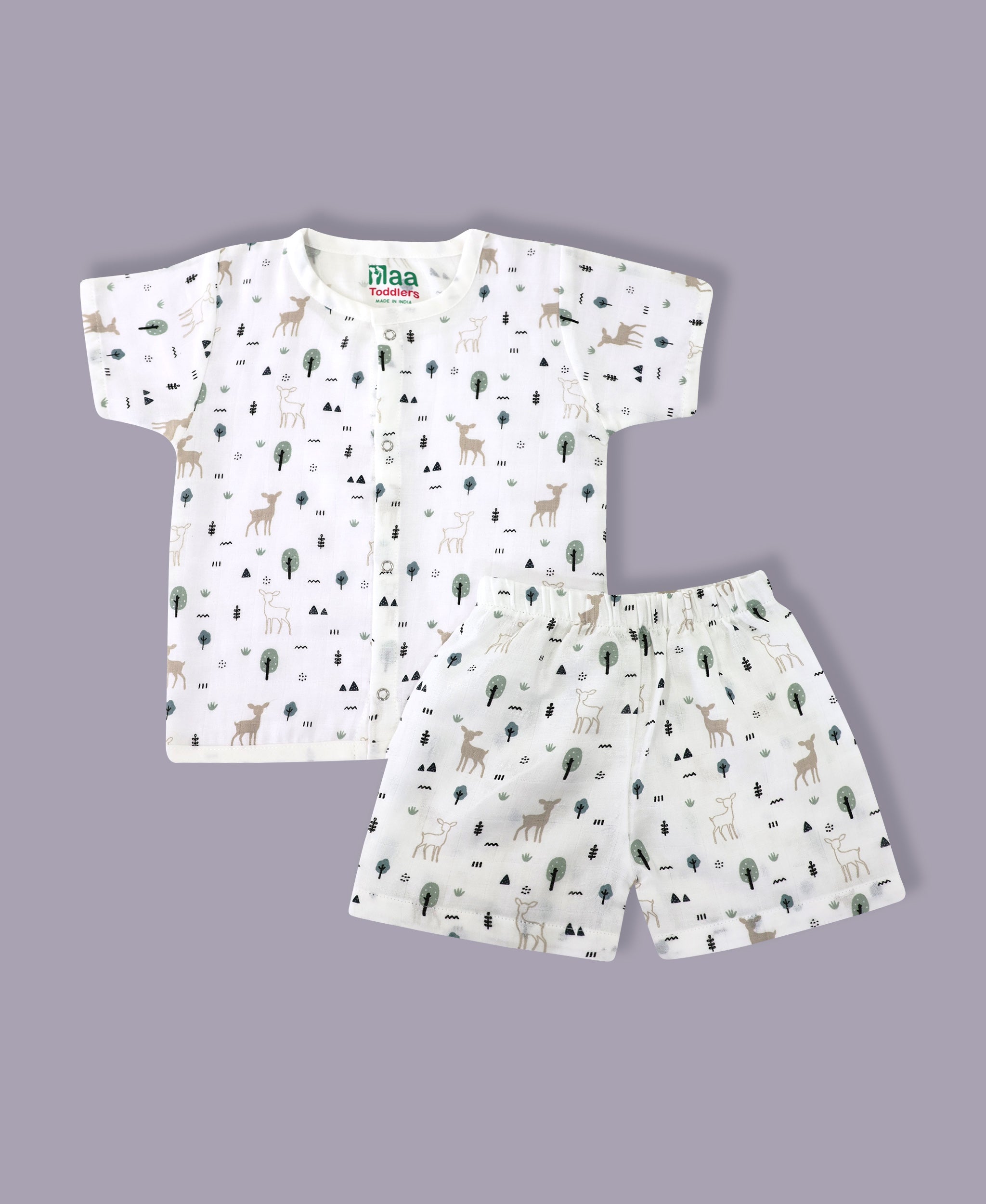 organic muslin Shirt with shorts set for baby Deer & Trees print maa toddlers