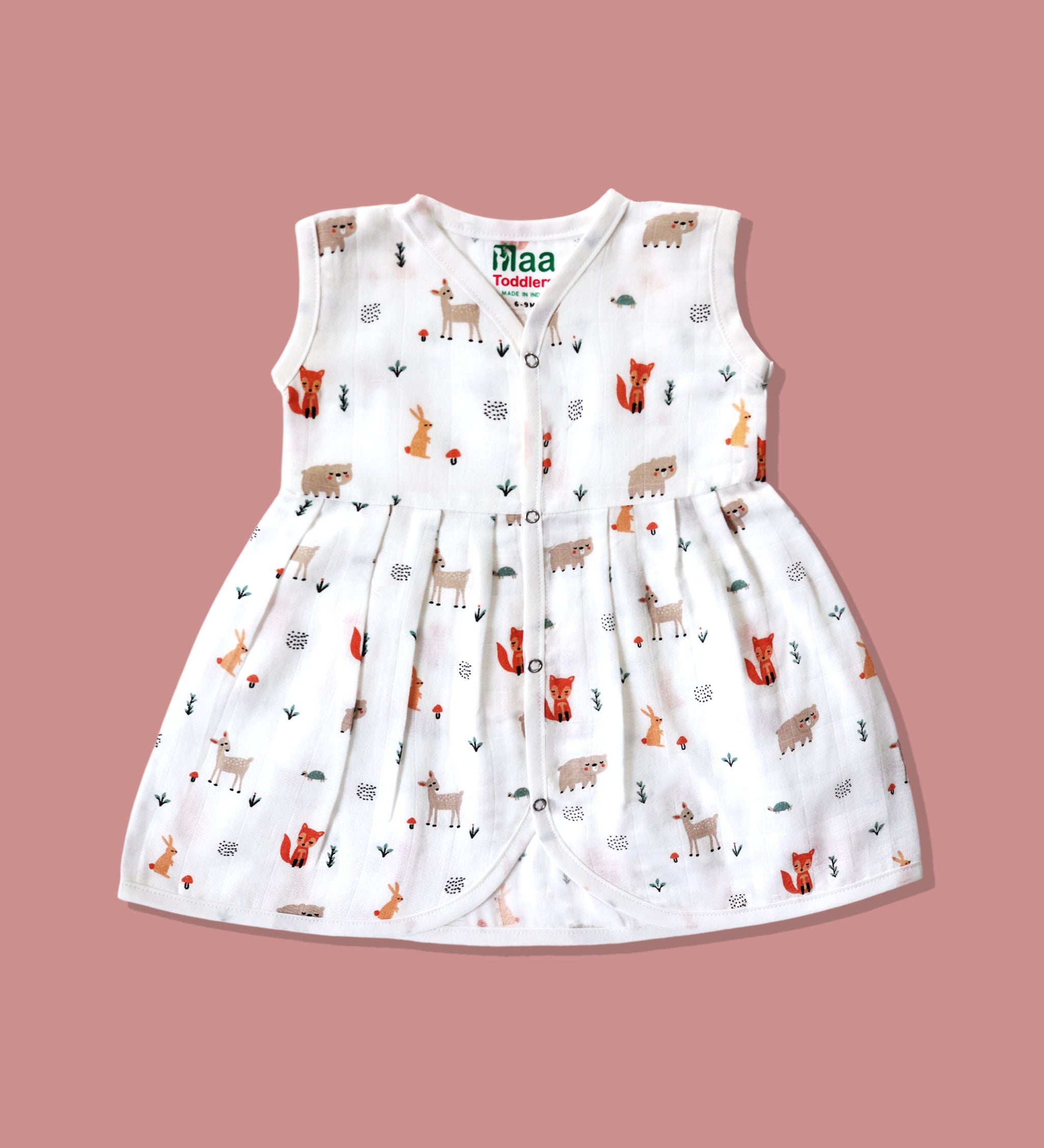 Organic muslin sleeveless baby girl frock 0-24 months – Jungle Friends print – Maa
Toddlers India