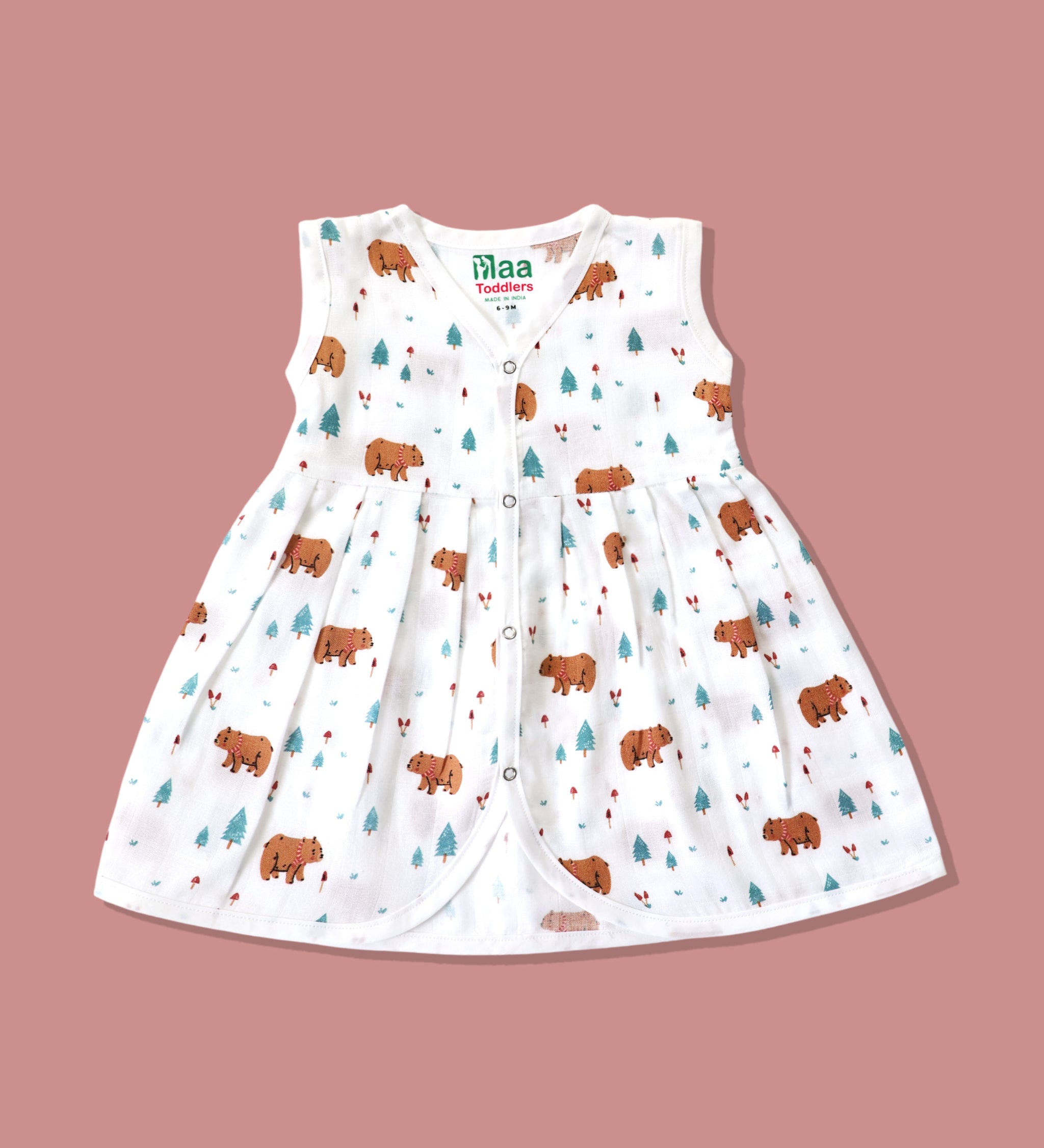 Organic muslin sleeveless baby girl frock 0-24 months – Snow Bear print 