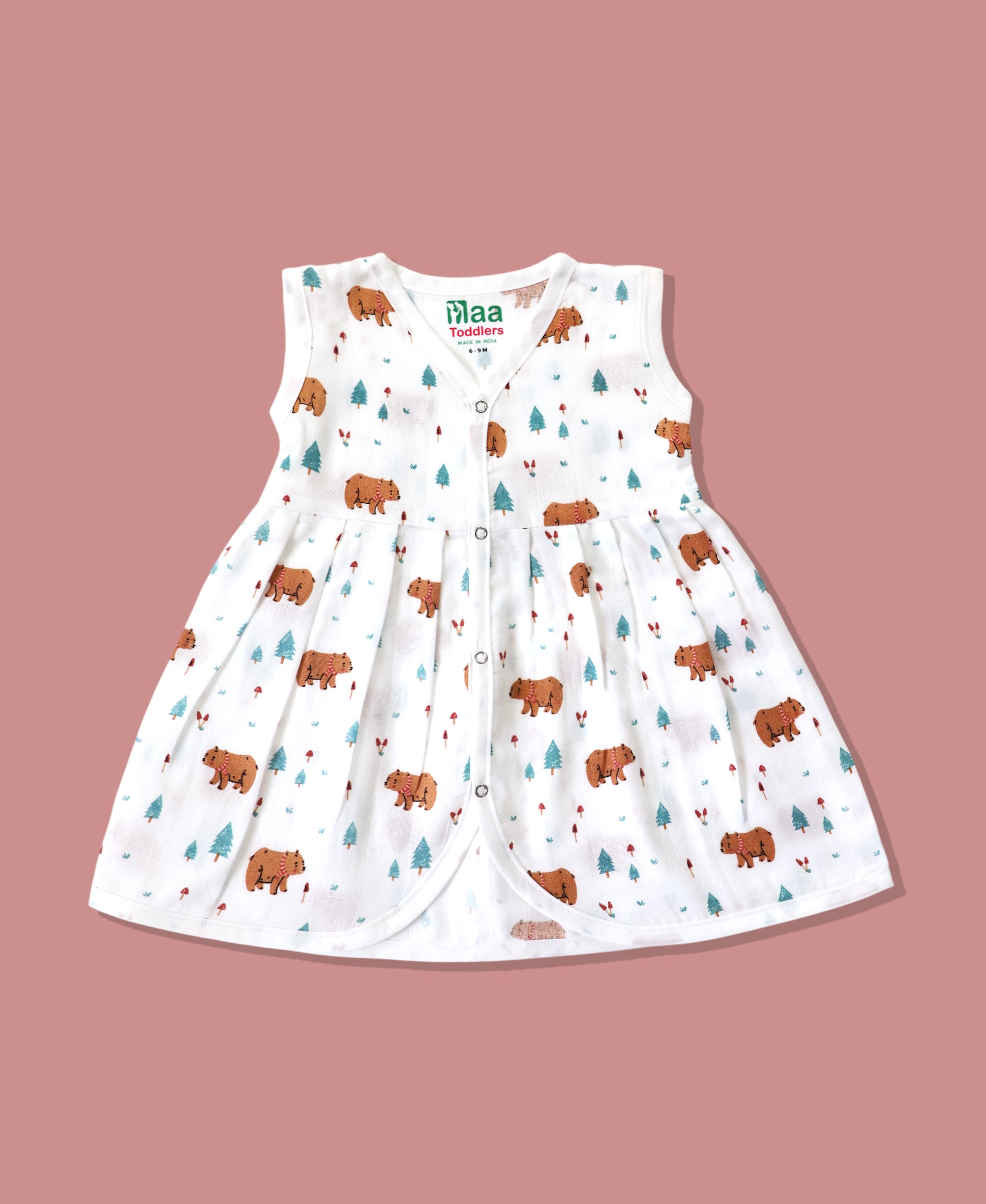 Organic muslin sleeveless baby girl frock 0-24 months – Snow Bear print 