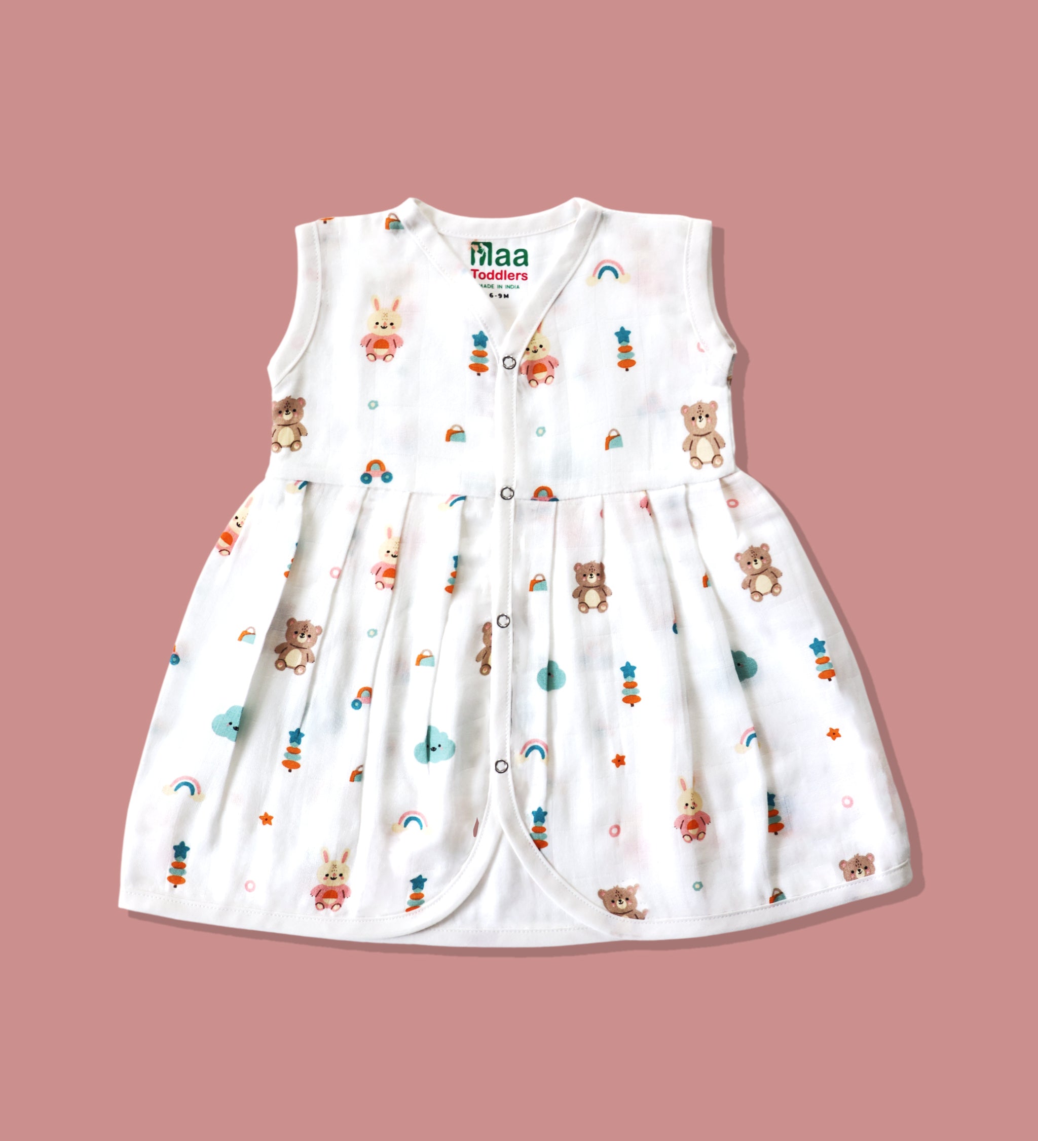 Organic muslin sleeveless baby girl frock 0-24 months –Teddy Clouds print – Maa
Toddlers India