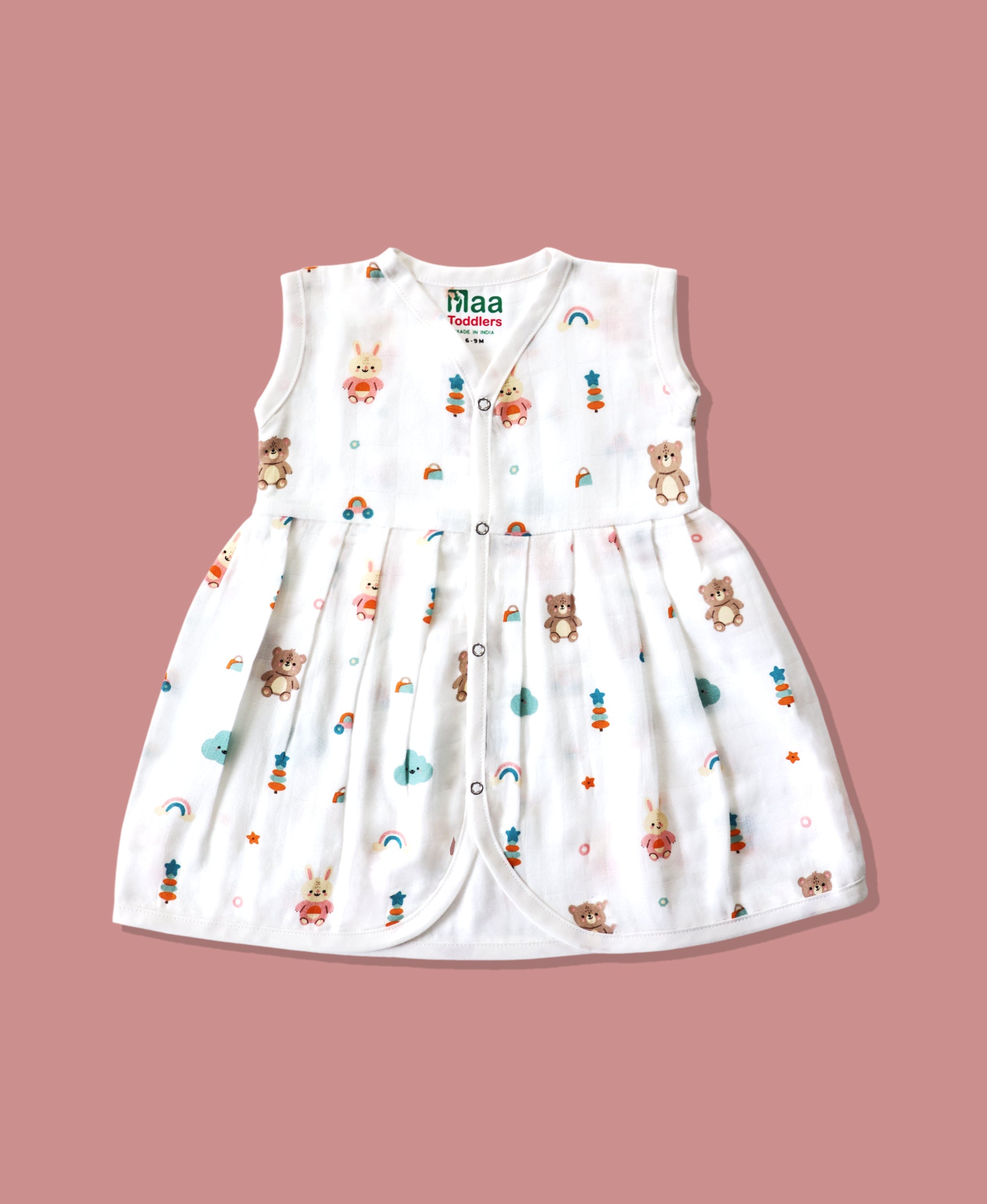Organic muslin sleeveless baby girl frock 0-24 months –Teddy Clouds print – Maa
Toddlers India