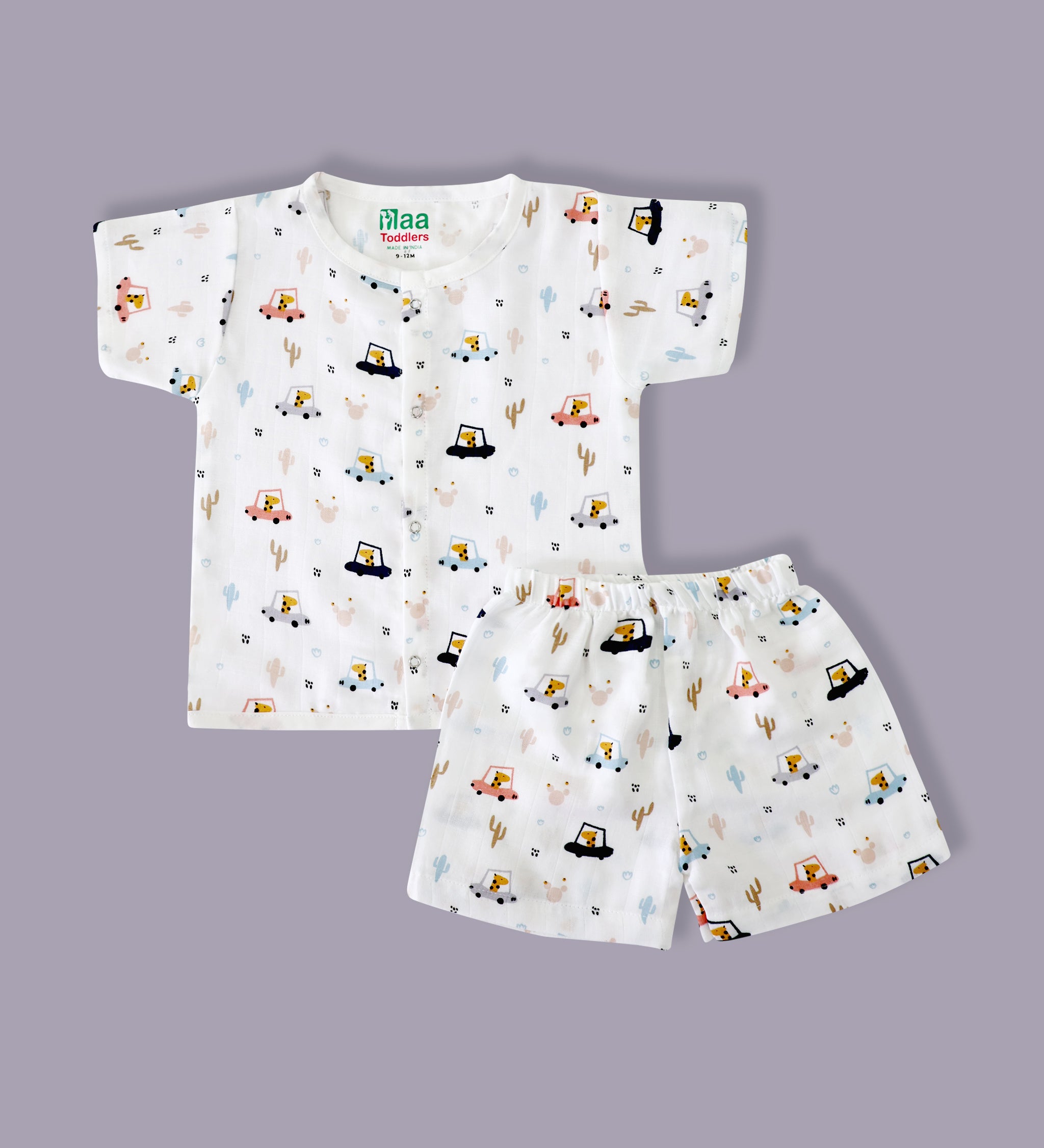 organic muslin Shirt with shorts set for baby Giraffe Road Trip print maa toddlers