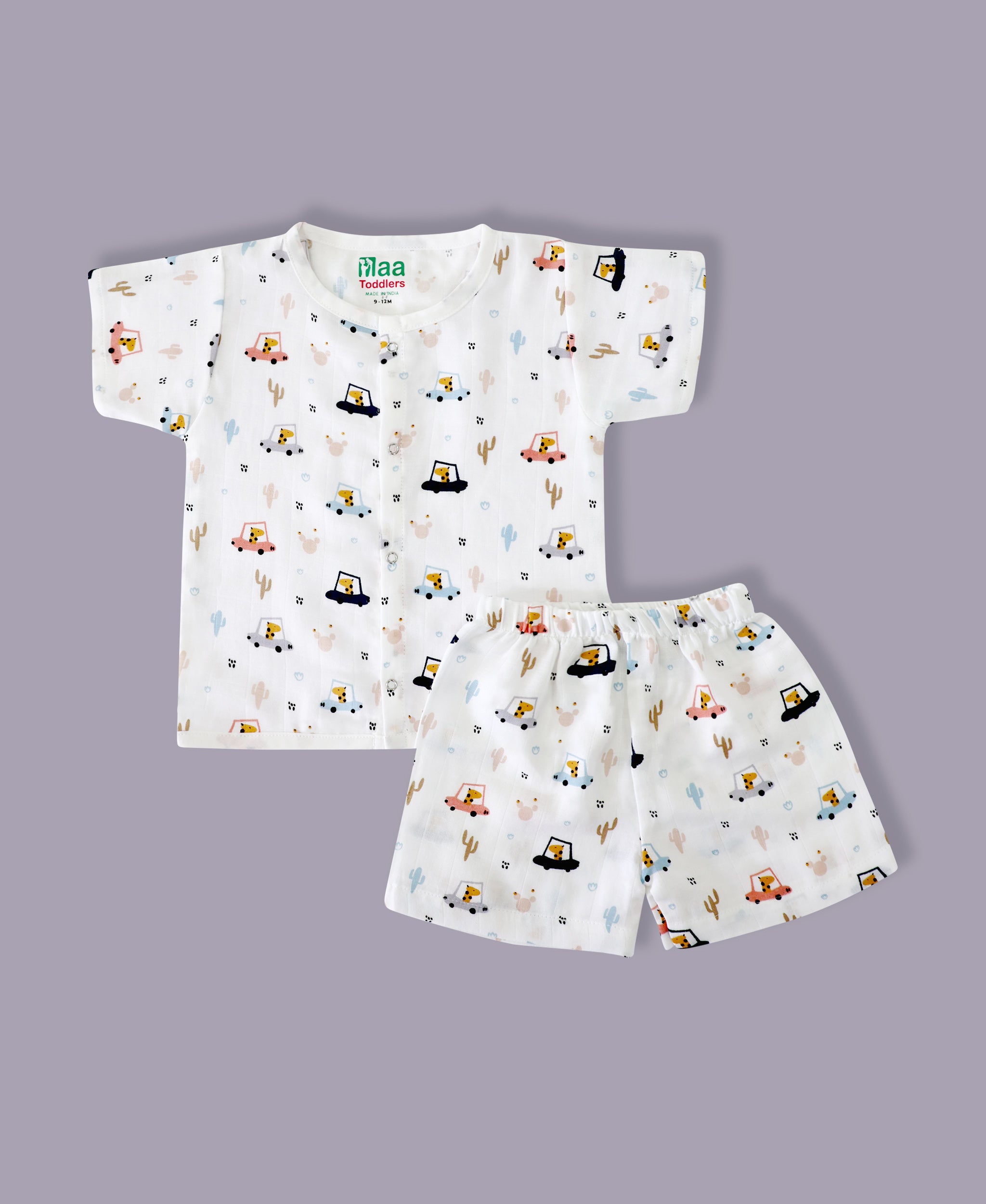 organic muslin Shirt with shorts set for baby Giraffe Road Trip print maa toddlers