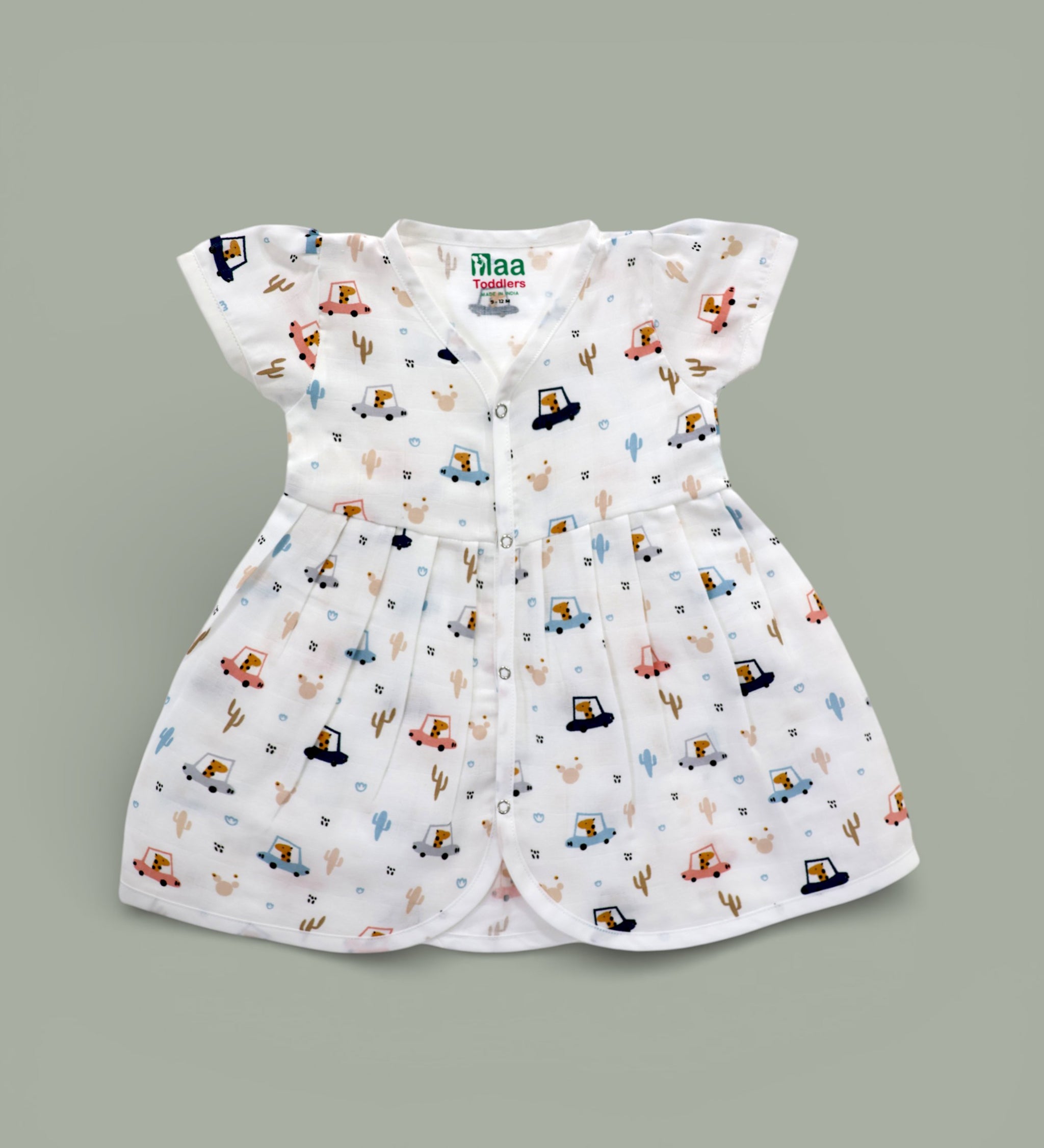 Giraffe Road Trip design Muslin cotton frock for baby girl 0-24 months maa toddlers