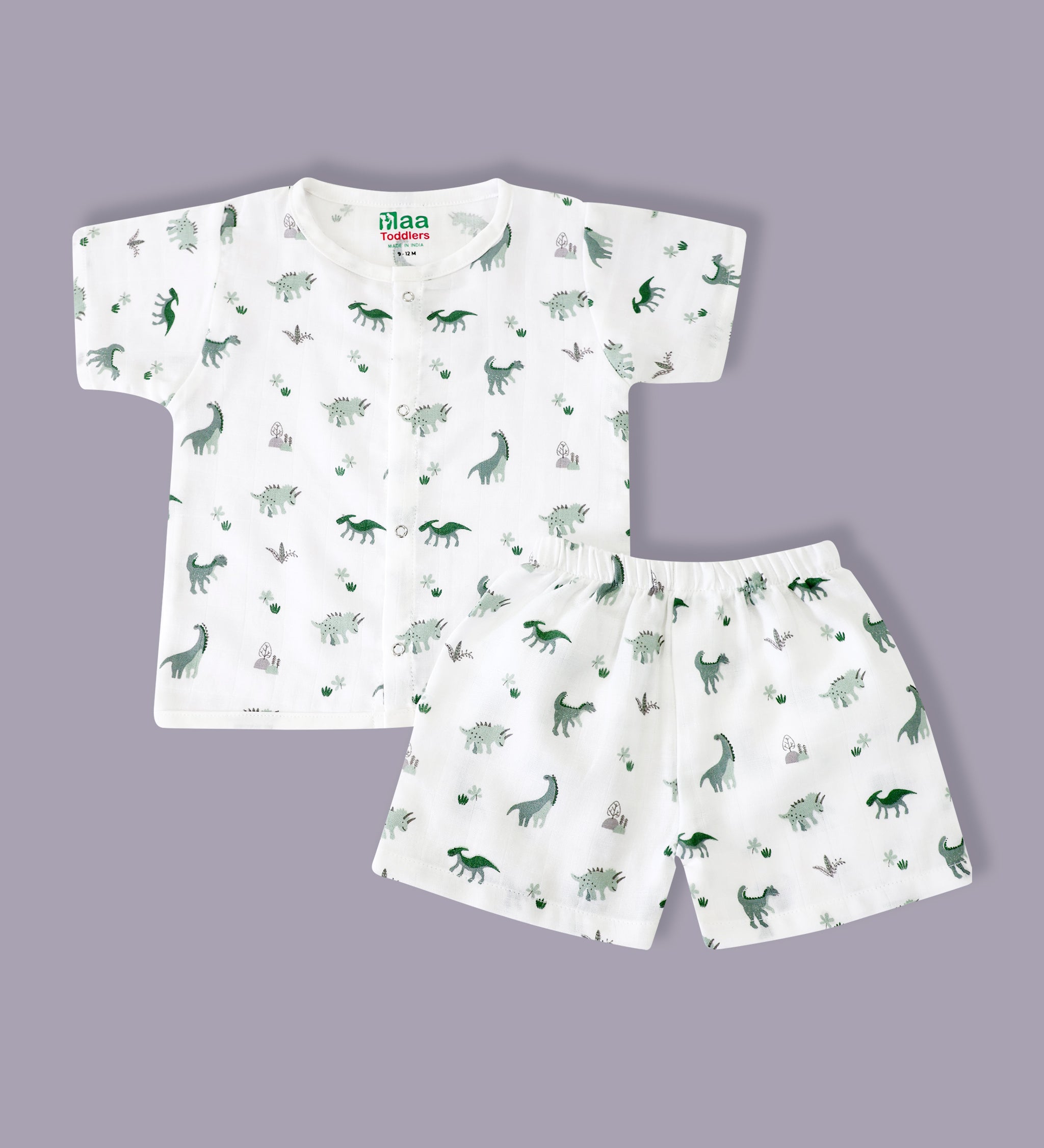 organic muslin Shirt with shorts set for baby Happy Dinos print maa toddlers