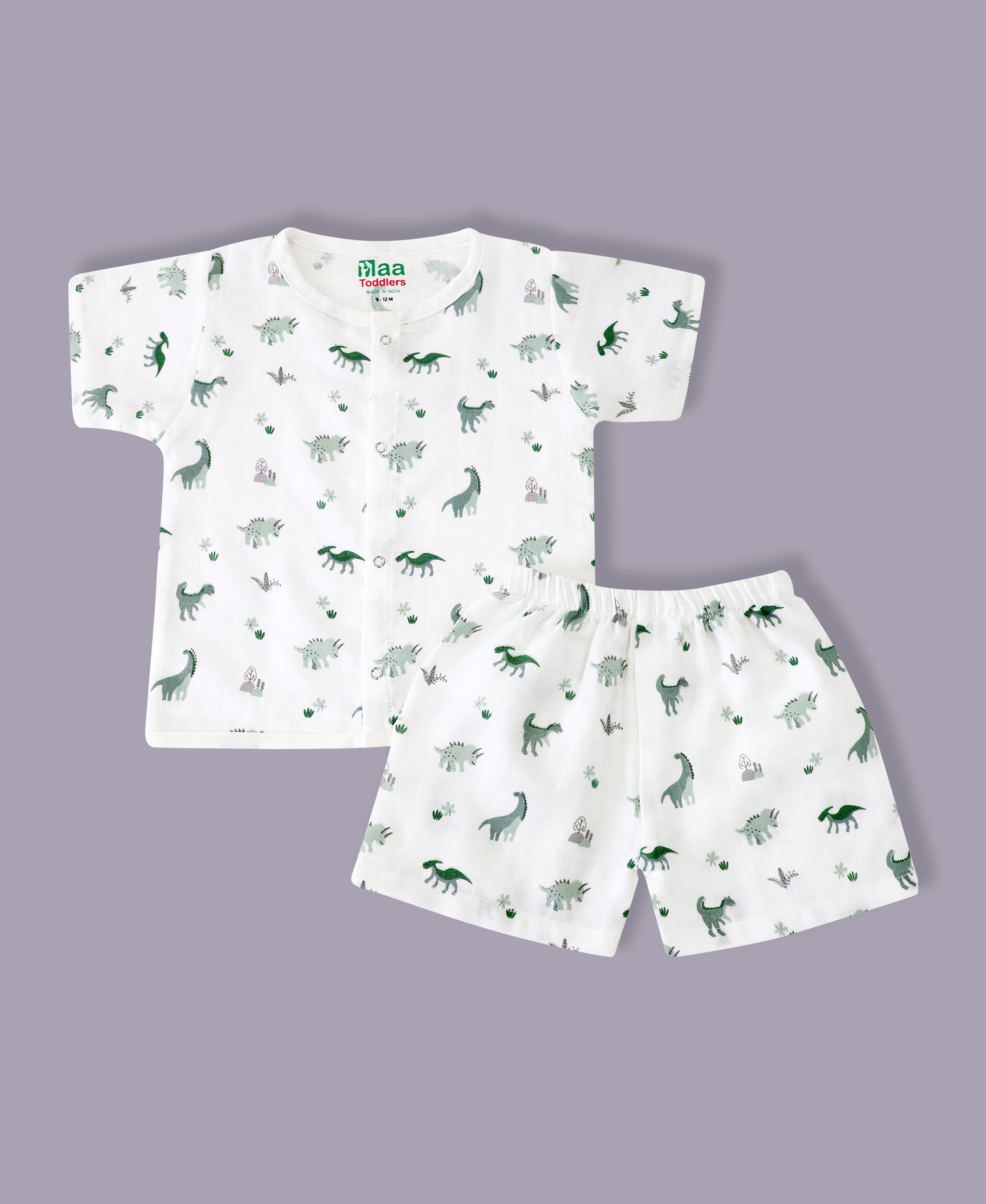 organic muslin Shirt with shorts set for baby Happy Dinos print maa toddlers