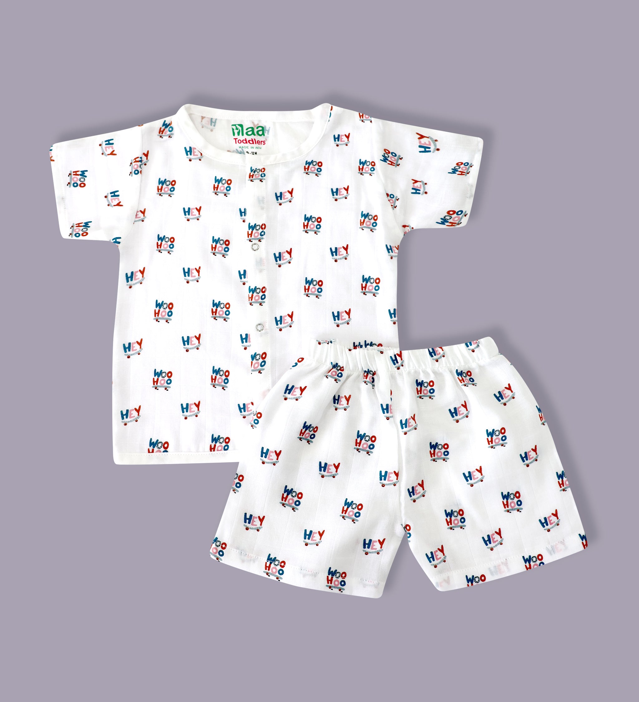 organic muslin Shirt with shorts set for baby Happy Hey print maa toddlers