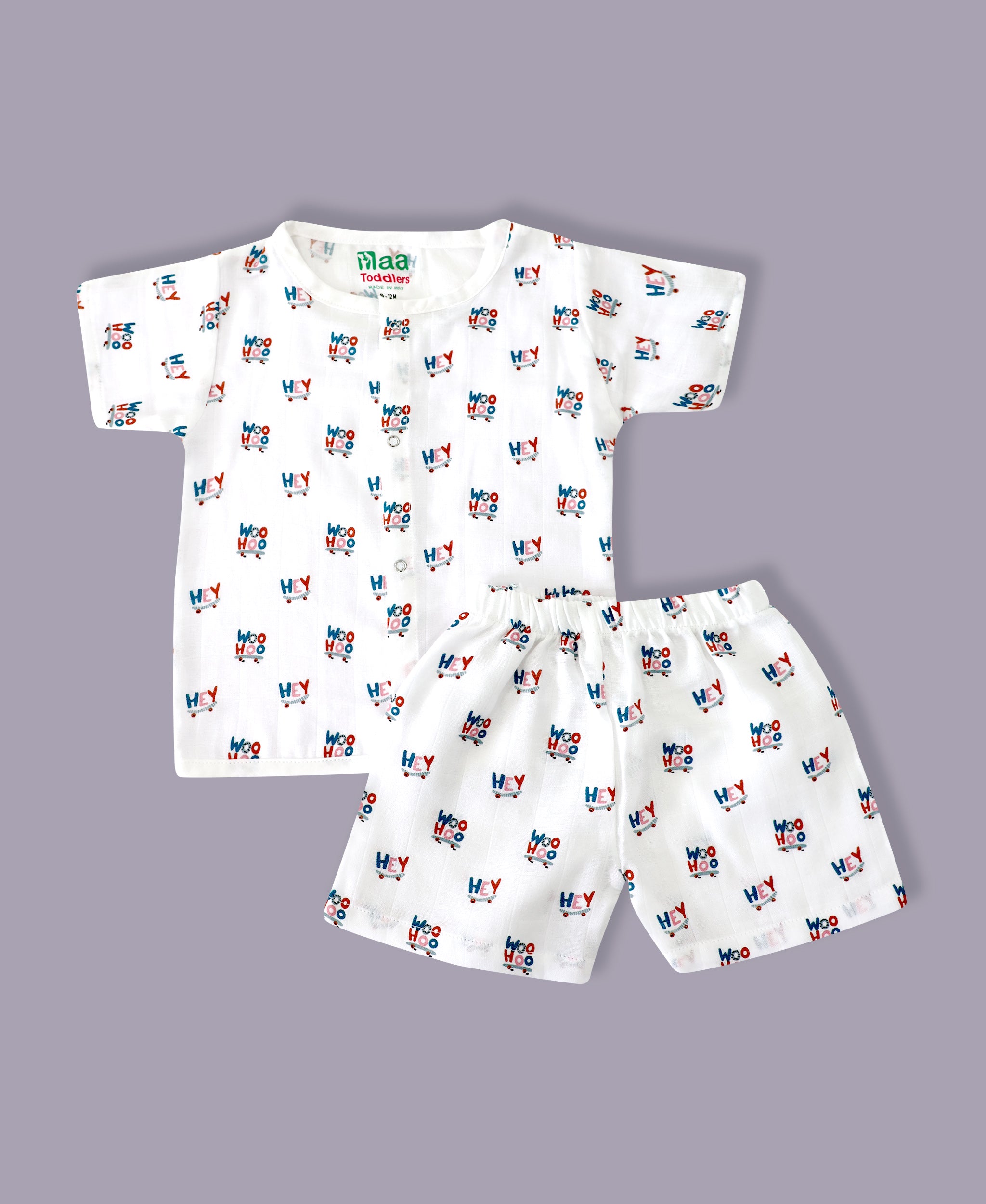 organic muslin Shirt with shorts set for baby Happy Hey print maa toddlers