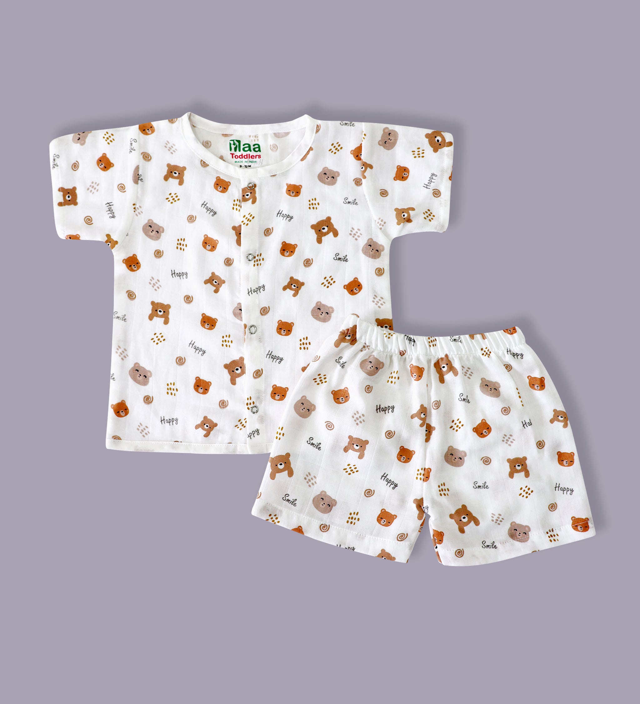 organic muslin Shirt with shorts set for baby Happy panda print maa toddlers