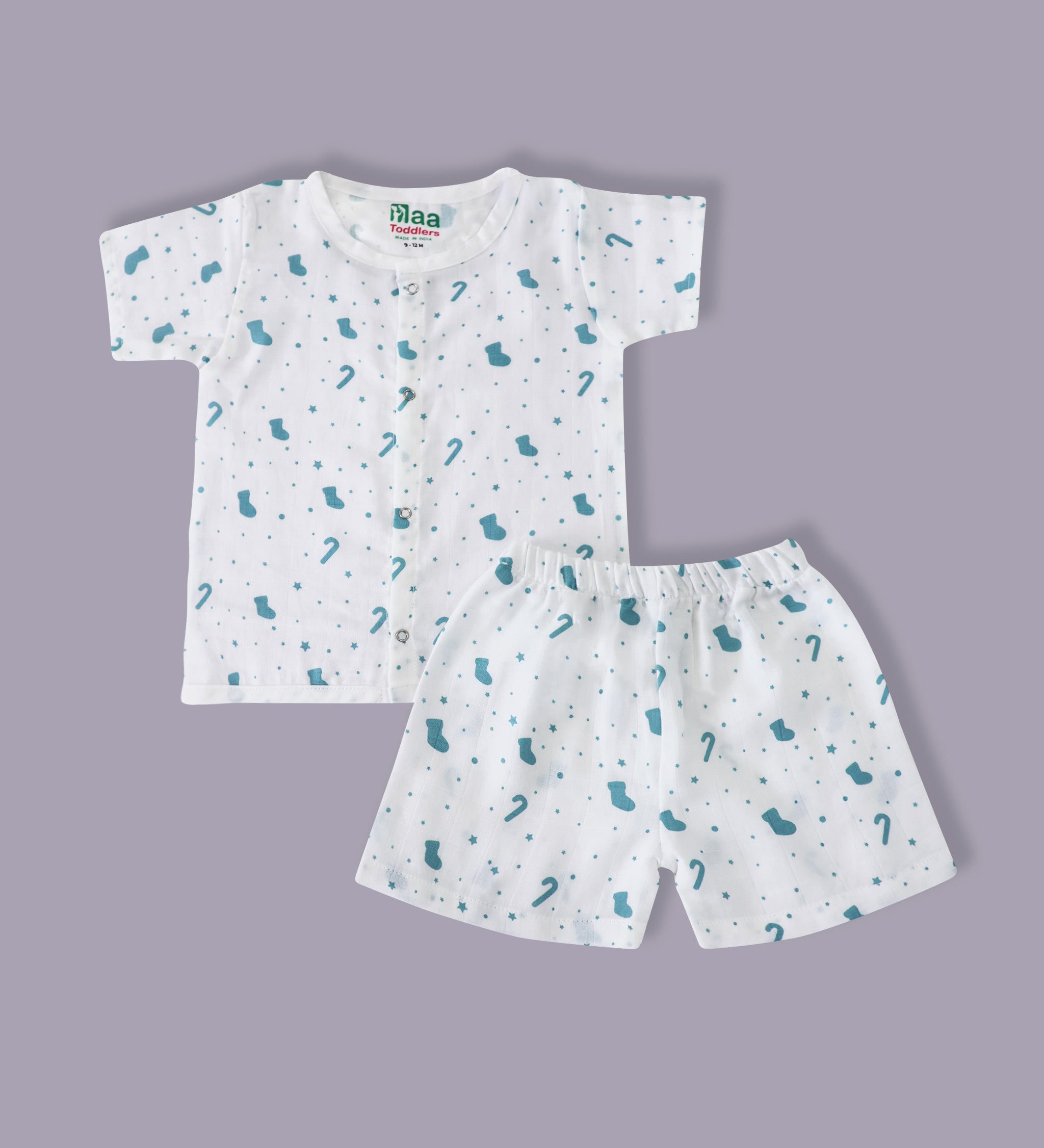 organic muslin Shirt with shorts set for baby Pastel Christmas print maa toddlers
