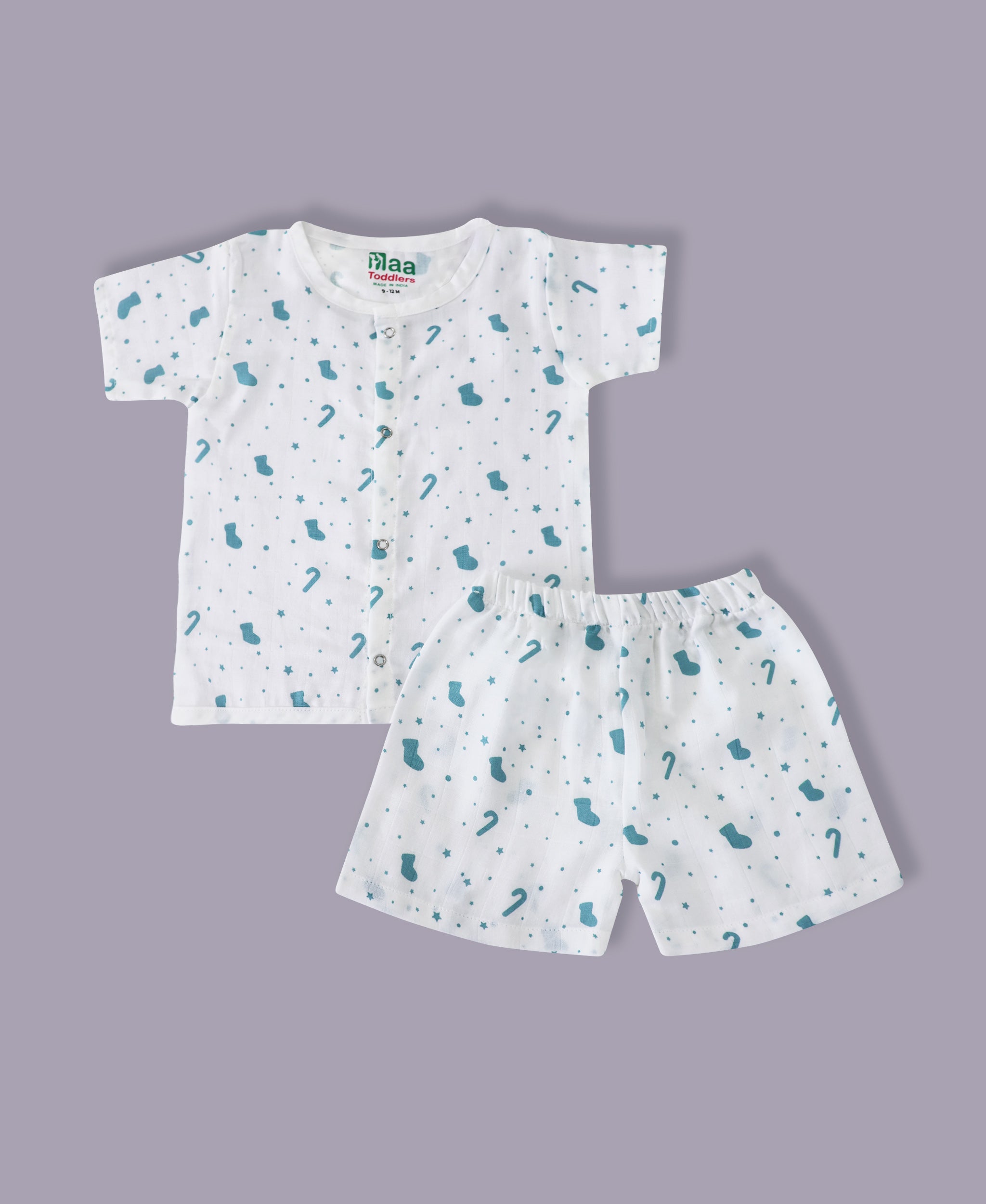 organic muslin Shirt with shorts set for baby Pastel Christmas print maa toddlers