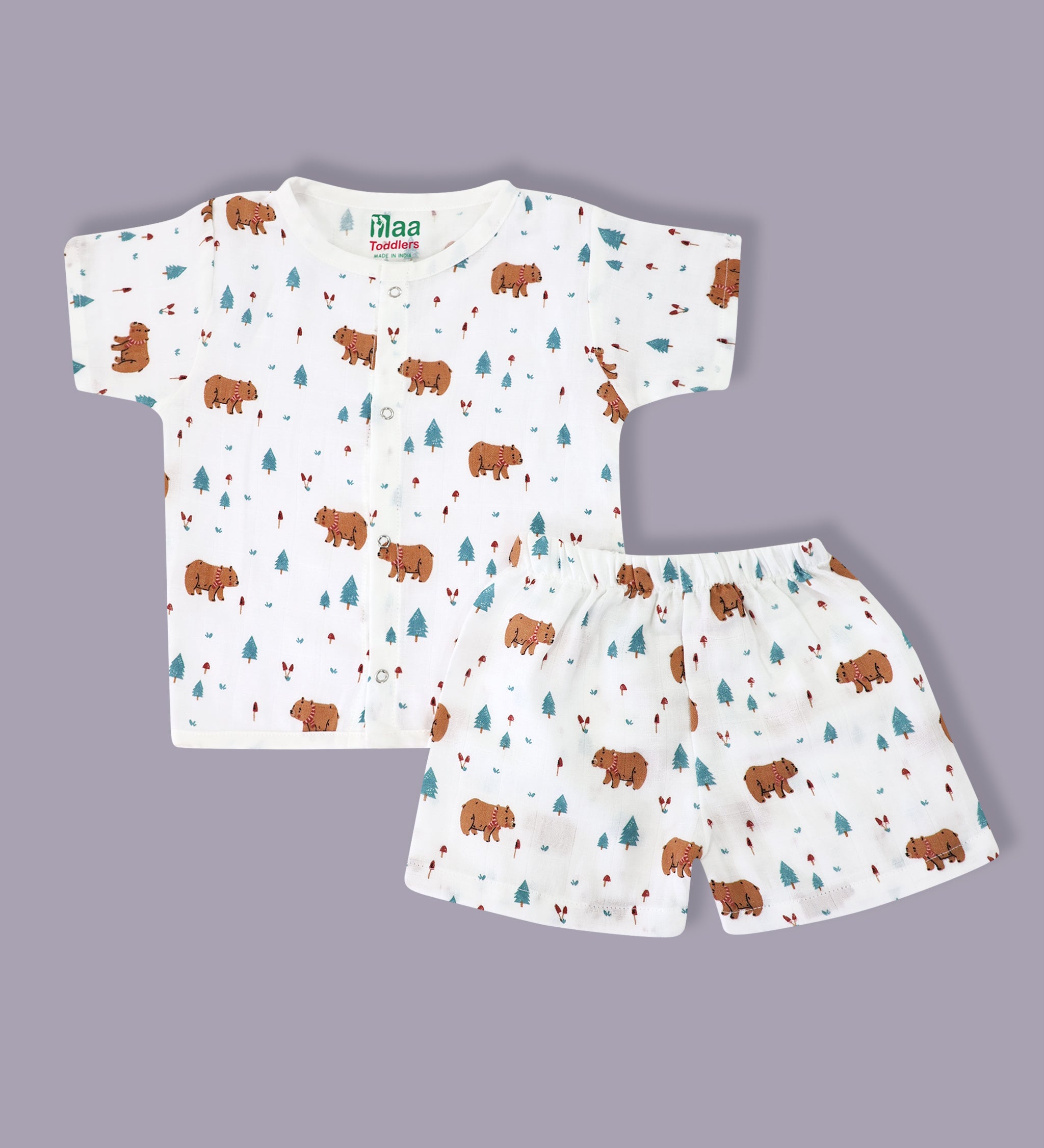 organic muslin Shirt with shorts set for baby Snow Bear print maa toddlers
