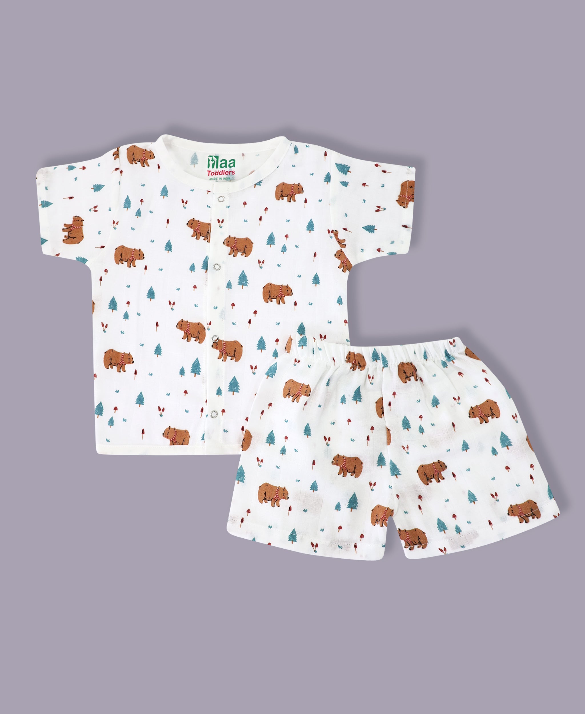 organic muslin Shirt with shorts set for baby Snow Bear print maa toddlers