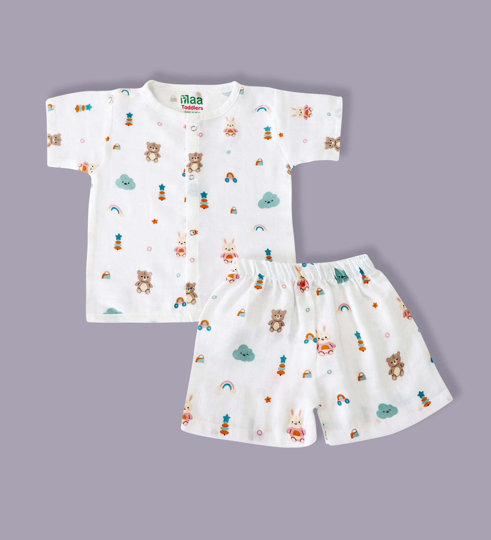 organic muslin Shirt with shorts set for baby Teddy Clouds print maa toddlers
