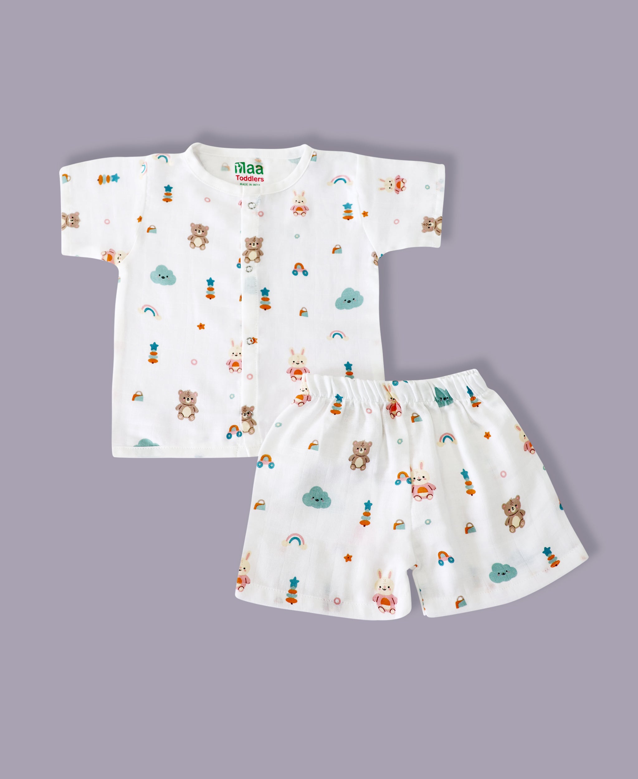 organic muslin Shirt with shorts set for baby Teddy Clouds print maa toddlers