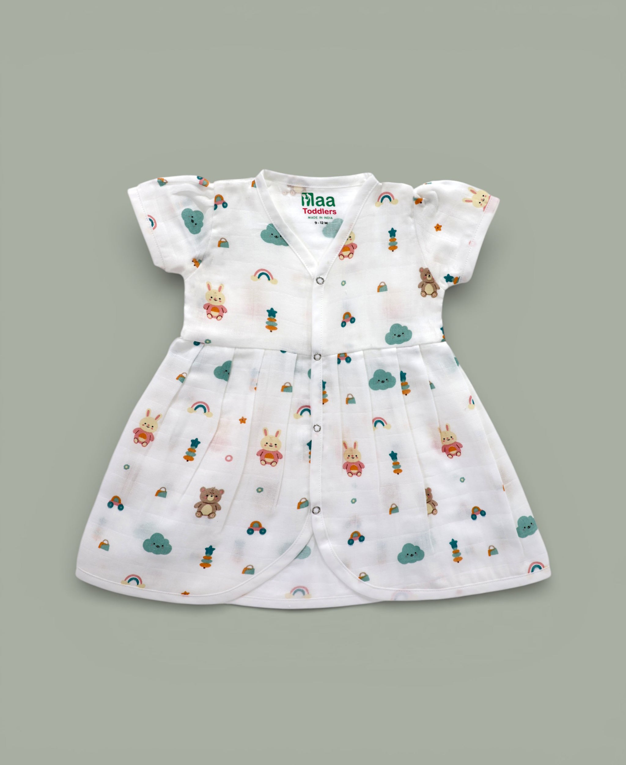 Teddy Clouds design Muslin cotton frock for baby girl 0-24 months maa toddlers