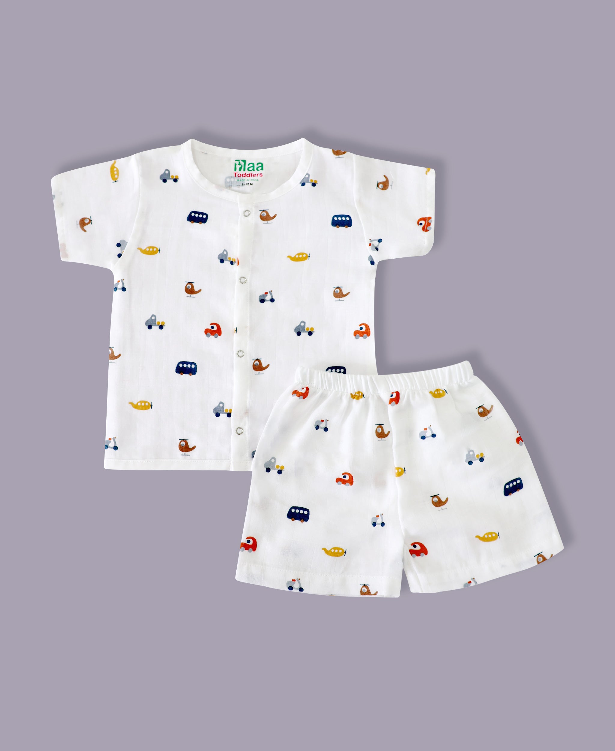 organic muslin Shirt with shorts set for baby Tiny Rides print maa toddlers